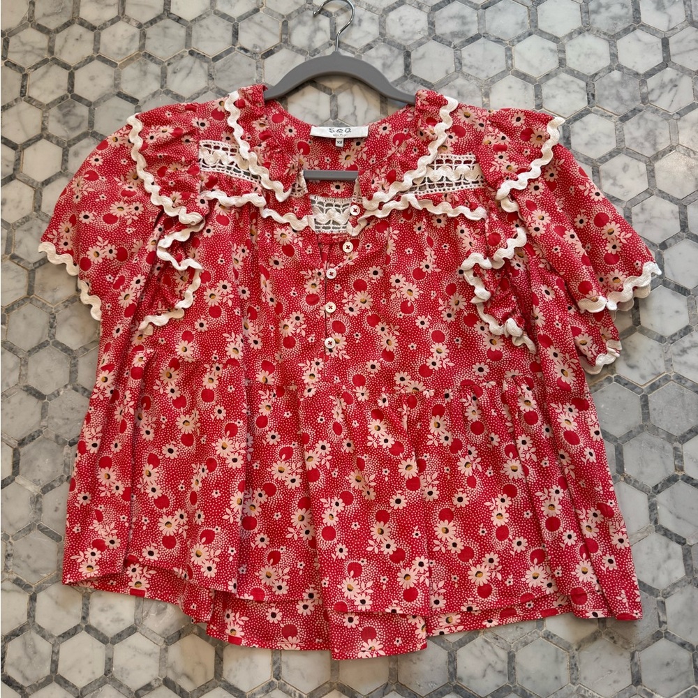 SEA NY red floral blouse with crochet details